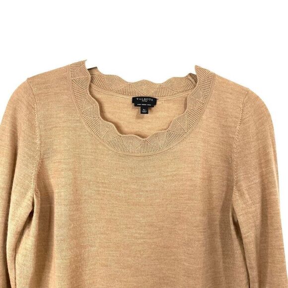 Talbots 100% merino wool scallop neck line sweater Size SP Petite camel tan neut - Picture 2 of 7